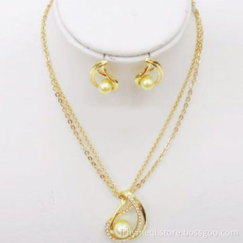 Fashionable pearl necklace and earring set with gold plating